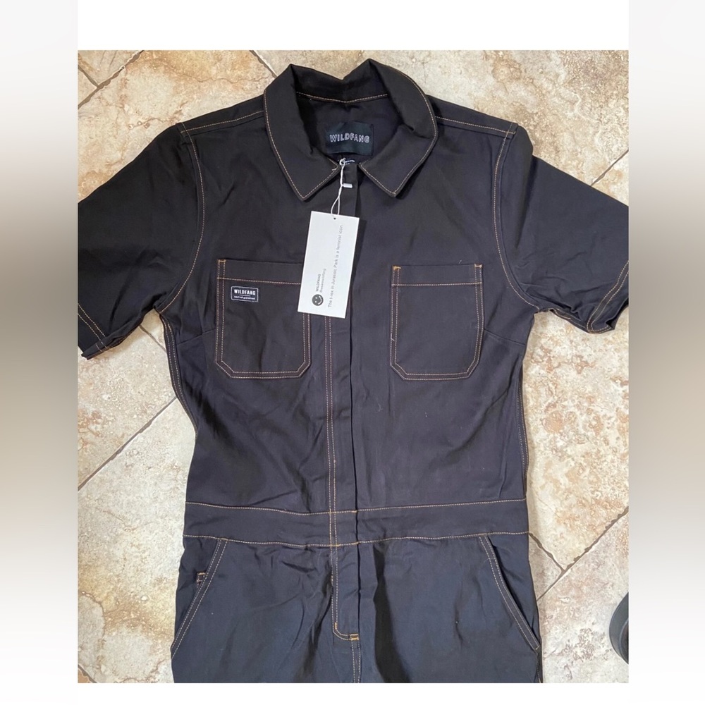 Wildfang Essential Short Sleeve coverall Black Brushed Cotton Yellow Stitches - Picture 7 of 7